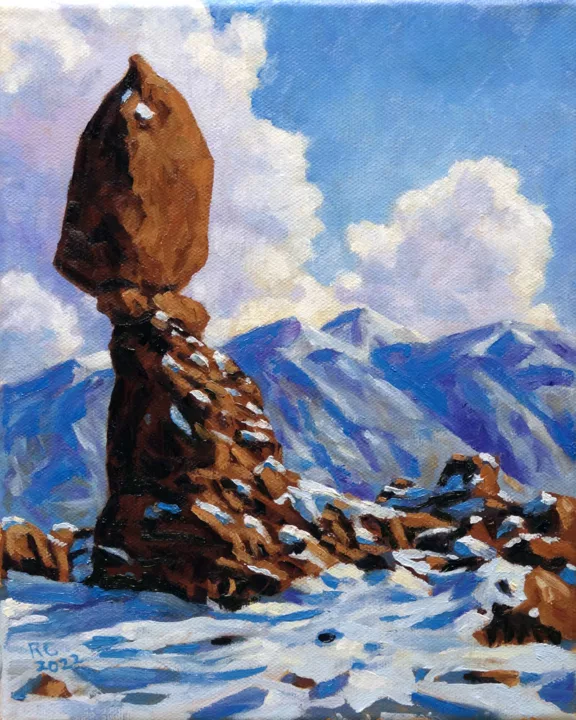 Balanced Rock in winter. Moab Utah oil painting 