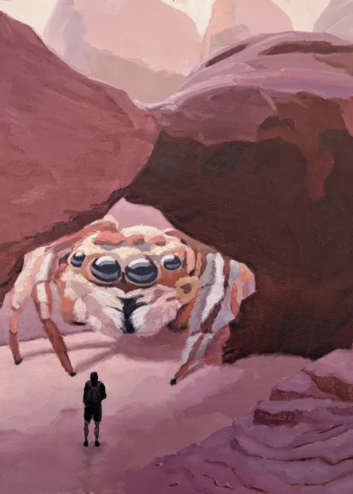 Sand Dune Arch pictured with a giant jumping spider and a person